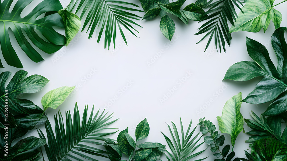 Naklejka premium Lush green leaves arranged on pure white background nature composition aesthetic design top view
