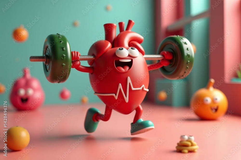 Heart lifting weights. Cartoon heart lifting barbell weights, cute illustration for heart health.