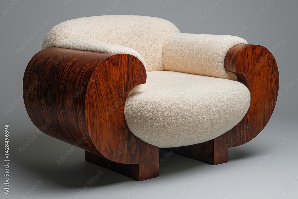 Minimalist designer armchair with boucle fabric and dark wooden curves on gray studio background