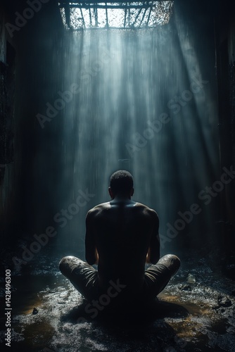 Obraz na płótnie Shirtless man meditating under dramatic light in a dark prison cell, hope and solitude concept w salonie