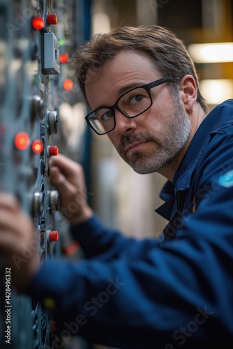 Engineer in glasses operating control panel in industrial facility, SCADA system interface in use