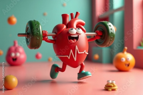 Obraz na płótnie Heart lifting weights. Cartoon heart lifting barbell weights, cute illustration for heart health. w salonie