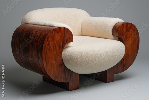 Obraz na płótnie Minimalist designer armchair with boucle fabric and dark wooden curves on gray studio background w salonie