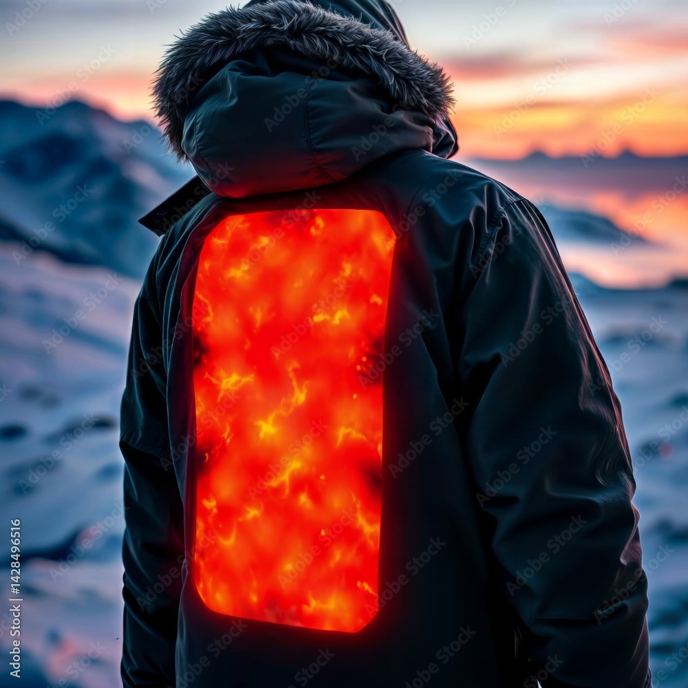 Heated ski jacket. Back view of ski jacket with heating panel during sunset in snowy mountains.