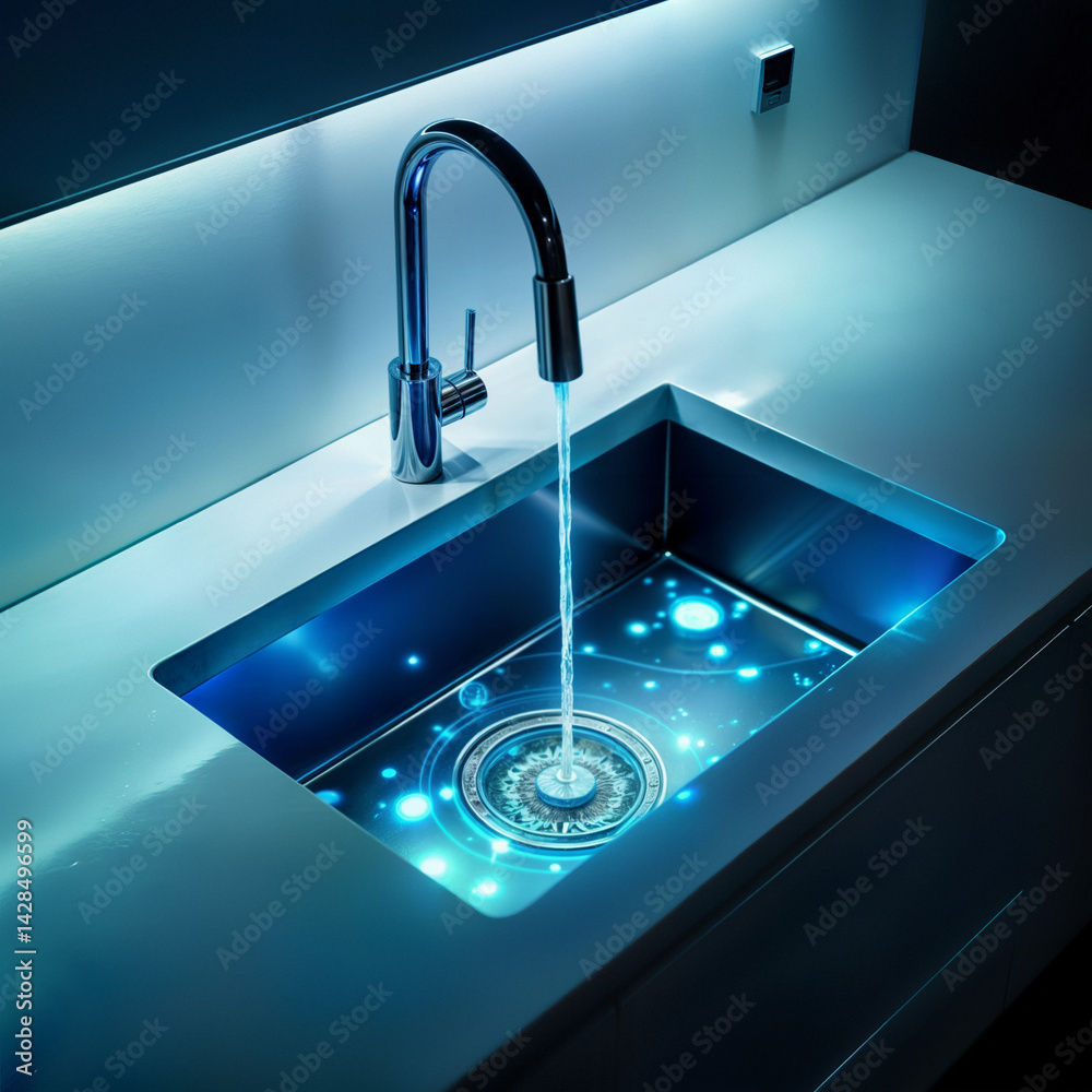 Modern kitchen sink with LED lighting. Stylish stainless steel sink with contemporary faucet illuminated by blue LED lights creating futuristic ambiance.