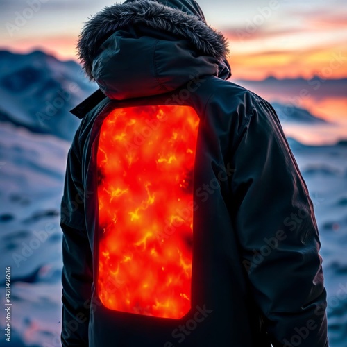 Obraz na płótnie Heated ski jacket. Back view of ski jacket with heating panel during sunset in snowy mountains. w salonie