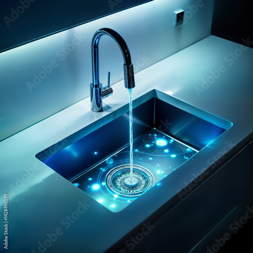 Obraz na płótnie Modern kitchen sink with LED lighting. Stylish stainless steel sink with contemporary faucet illuminated by blue LED lights creating futuristic ambiance. w salonie