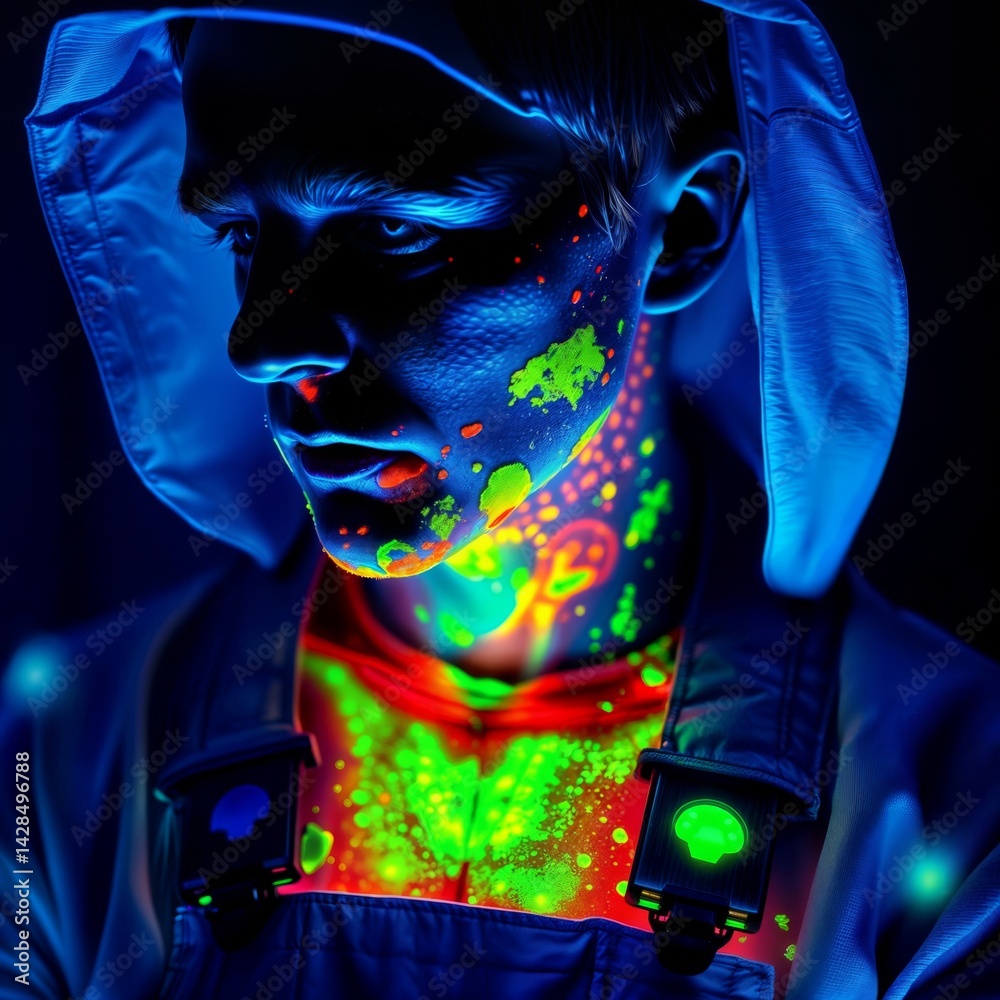 Neon body paint portrait. Person wearing hood in ultraviolet light with fluorescent paint splashes in green, orange and red against dark blue background.