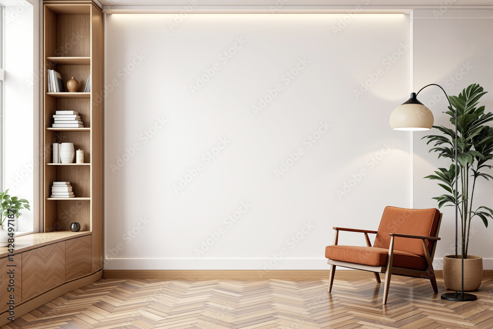 Fototapeta premium Cozy minimalist interior design with wooden bookshelf, orange armchair, floor lamp, and plant on light wood herringbone floor against neutral wall. Ai generative