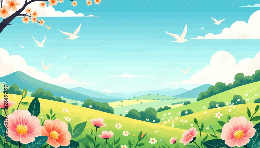 Naklejka premium Pastoral Spring Landscape with Blossoms and Birds
