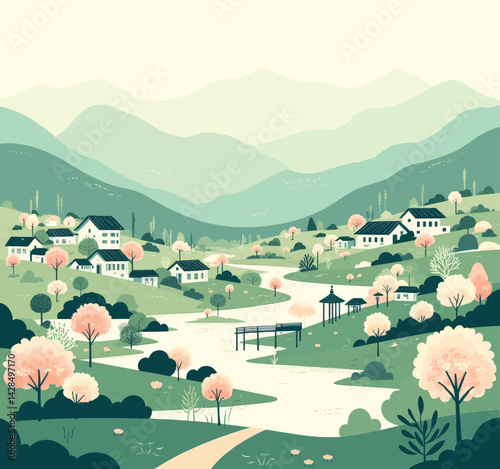 Pastoral Green Valley with River and Cherry Blossoms