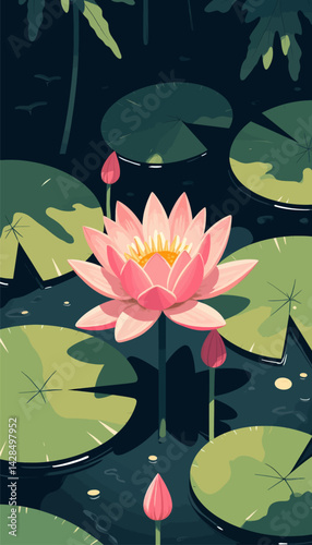 Pink lotus flower with lily pads in a pond illustration