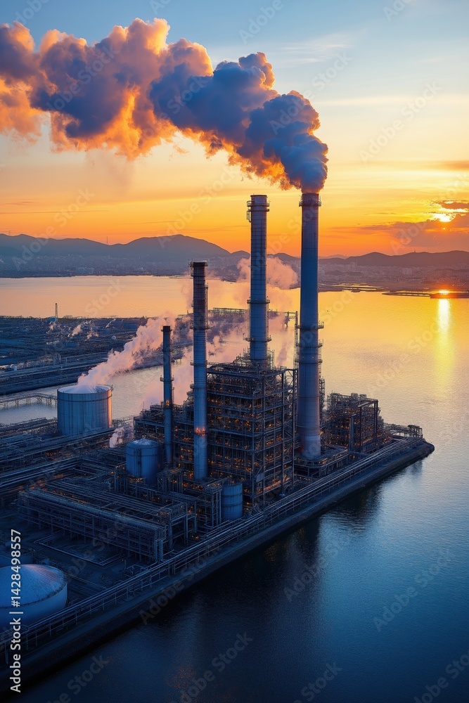 Industrial oil and gas refinery at sunset with dramatic smoke plumes and reflections in the water