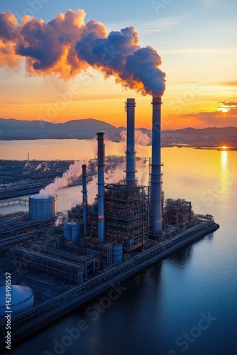 Obraz na płótnie Industrial oil and gas refinery at sunset with dramatic smoke plumes and reflections in the water
w salonie