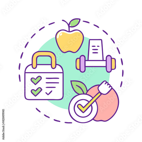Colorful fitness icon concept with checklist, weights and fruit