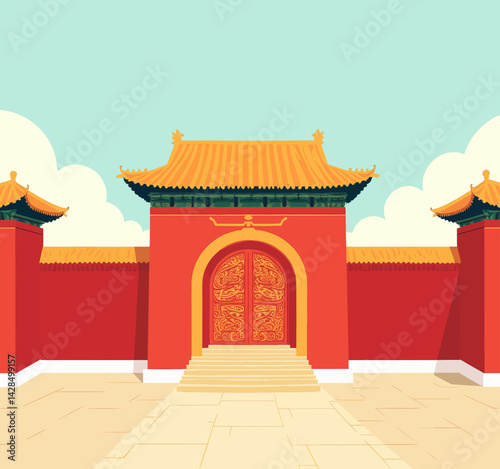 Red Chinese gate with golden roof and dragon details