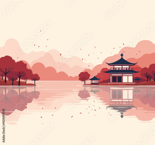Red Japanese Temple Reflected in Water Landscape