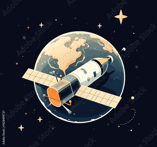 Retro satellite orbiting Earth with stars in space