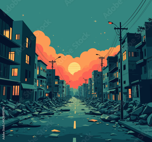 Post-Apocalyptic Cityscape with Sunset and Rubble