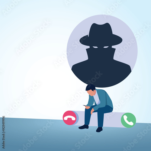 A man sees a phone call and sees a silhouette of a scammer in his contacts. A metaphorical illustration for fake phone calls, fraud and blackmail.