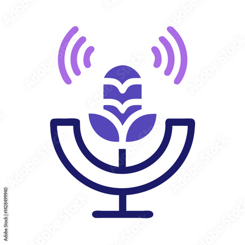 Purple microphone icon with broadcasting signals on black