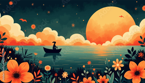Silhouette of person in boat on lake under orange moon, flowers foreground