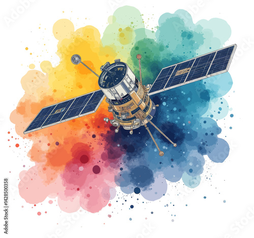 Satellite with Solar Panels on Watercolor Background