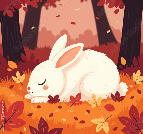 Sleeping White Rabbit in Autumn Leaves Forest Scene