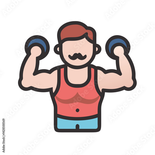 Strong man lifting dumbbells cartoon icon on black