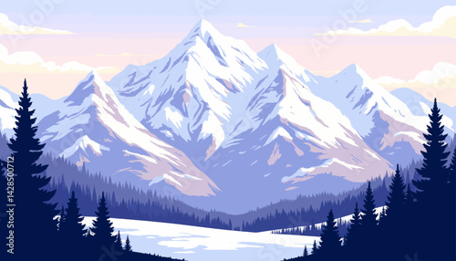 Snowy Mountain Peak with Evergreen Forest Landscape