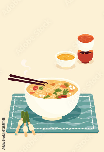 Steaming noodle bowl with chopsticks and dipping sauces