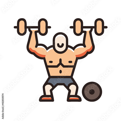 Weightlifting illustration: Strong muscular bodybuilder lifts dumbbells up