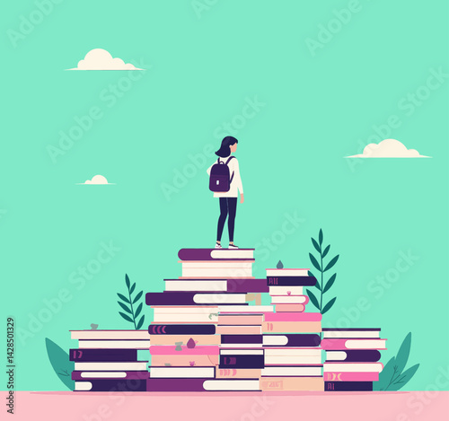 Student on Book Mountain, Education Concept