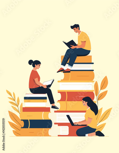 Students reading on book stacks, learning concept