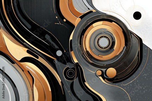 Obraz na płótnie Abstract Swirls and Circles in Gold, Black, and White Colors w salonie
