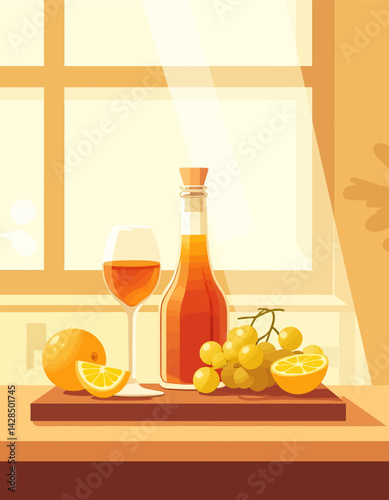 Still life with wine, grapes, and citrus fruits near window