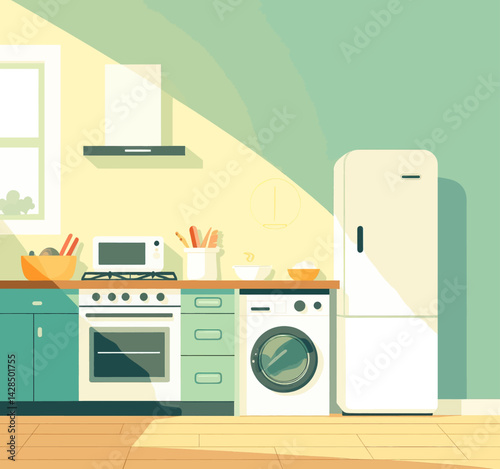 Stylized kitchen interior with appliances and sunlight
