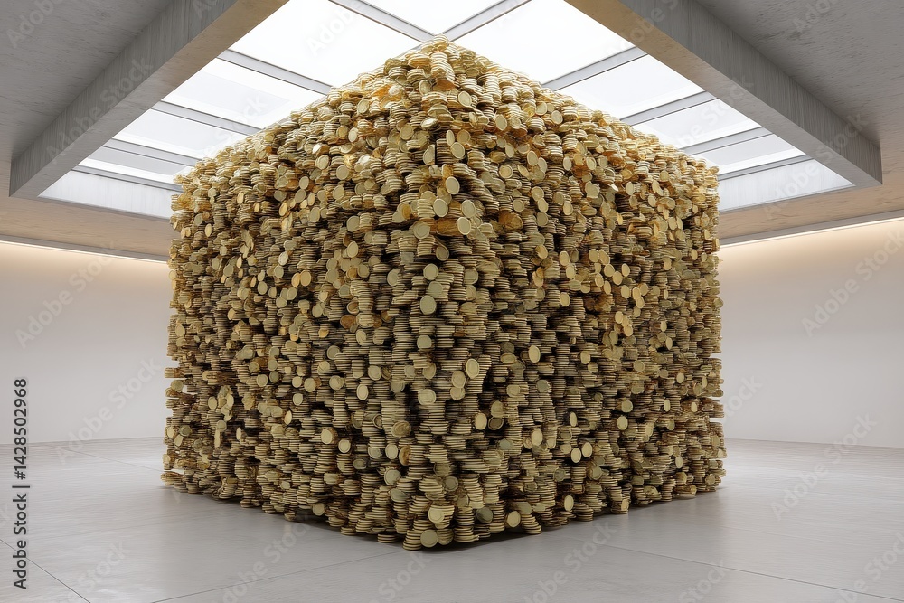 Abstract Wooden Cube Sculpture in Modern Art Gallery Space