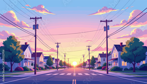 Suburban Street at Sunset with Pastel Sky