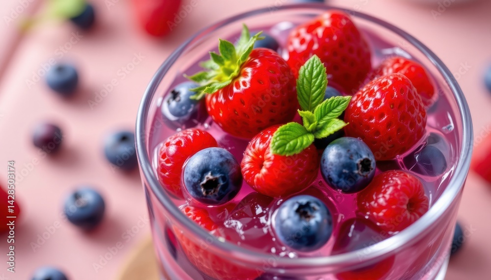Ripe berries such as strawberries, blueberries, and raspberries are incorporated into ice cubes, releasing their sweet and vibrant essence as they slowly melt in a cool glass of water. Ripe berries such as strawberries, blueberries, and raspberries are incorporated into ice cubes, releasing their sweet and vibrant essence as they slowly melt in a cool glass of water.