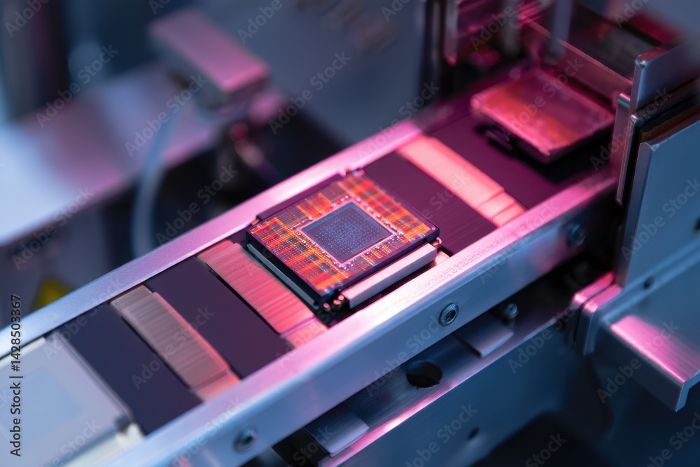 Close-up Microchip on Conveyor Line during Production and Packaging Process on Semiconductor Fab. Advanced Computer Chip illuminated with Red Light in Industrial Environment.
