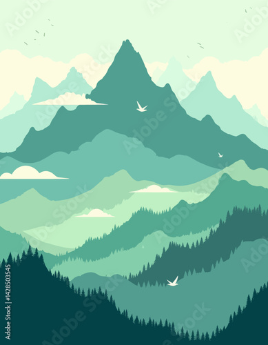 Teal mountain range with birds and forest illustration