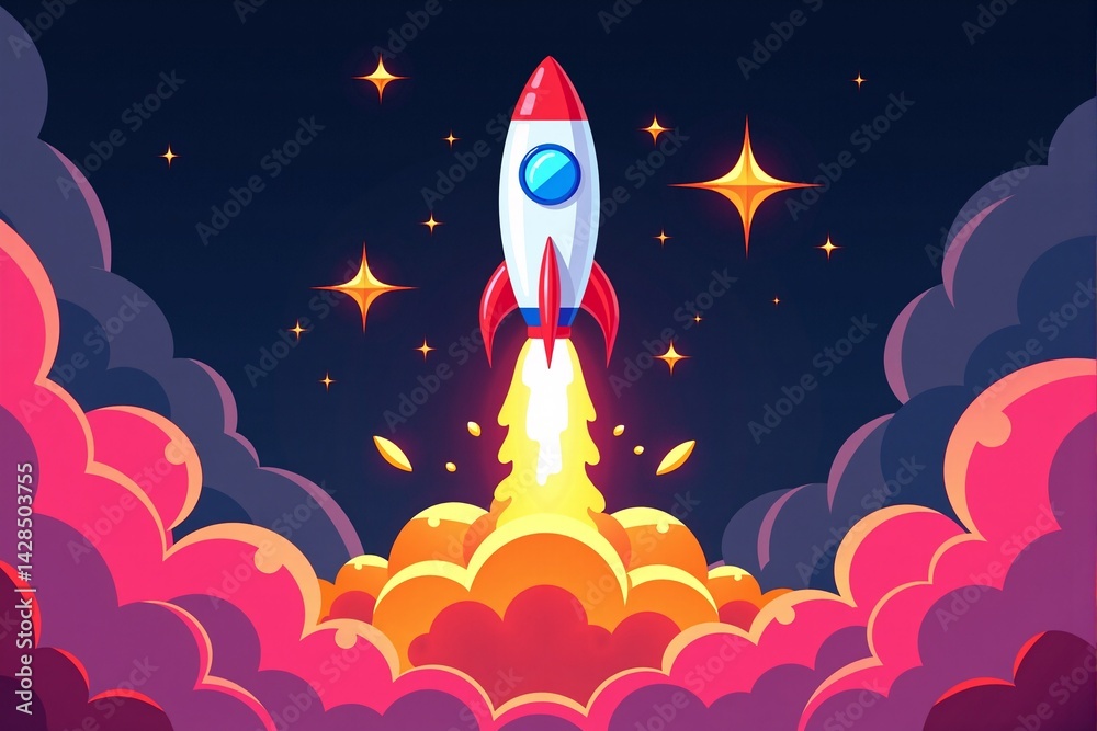 Cartoon rocket ship blasting off into a starry night sky, launching through vibrant pink clouds with bright yellow flames, symbolizing adventure, exploration, and liftoff Cartoon rocket ship blasting off into a starry night sky, launching through vibrant pink clouds with bright yellow flames, symbolizing adventure, exploration, and liftoff