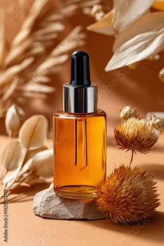 Amber Essential Oil Bottle with Natural Dried Flowers and Background
