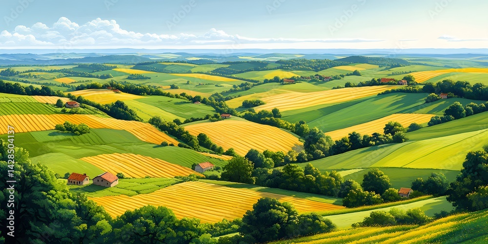 Obraz premium Patchwork farmland stretches to the horizon with green and yellow fields, scattered trees, and rural houses in a bright anime-style aerial view. 