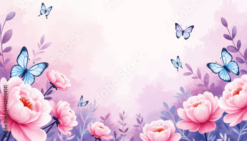 Watercolor pink peonies and blue butterflies floral frame