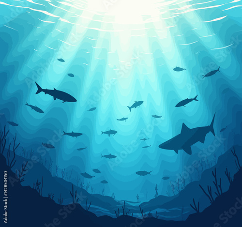 Underwater Sharks Silhouette with Sun Rays and Coral Reef