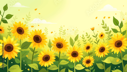Watercolor sunflowers in a sunny green field illustration