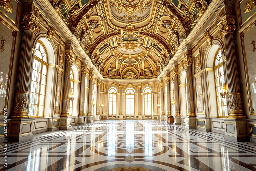 Fototapeta premium Grand palace interior with ornate golden ceiling, tall windows, and elegant marble floor in a lavish baroque style on a bright background. Ai generative