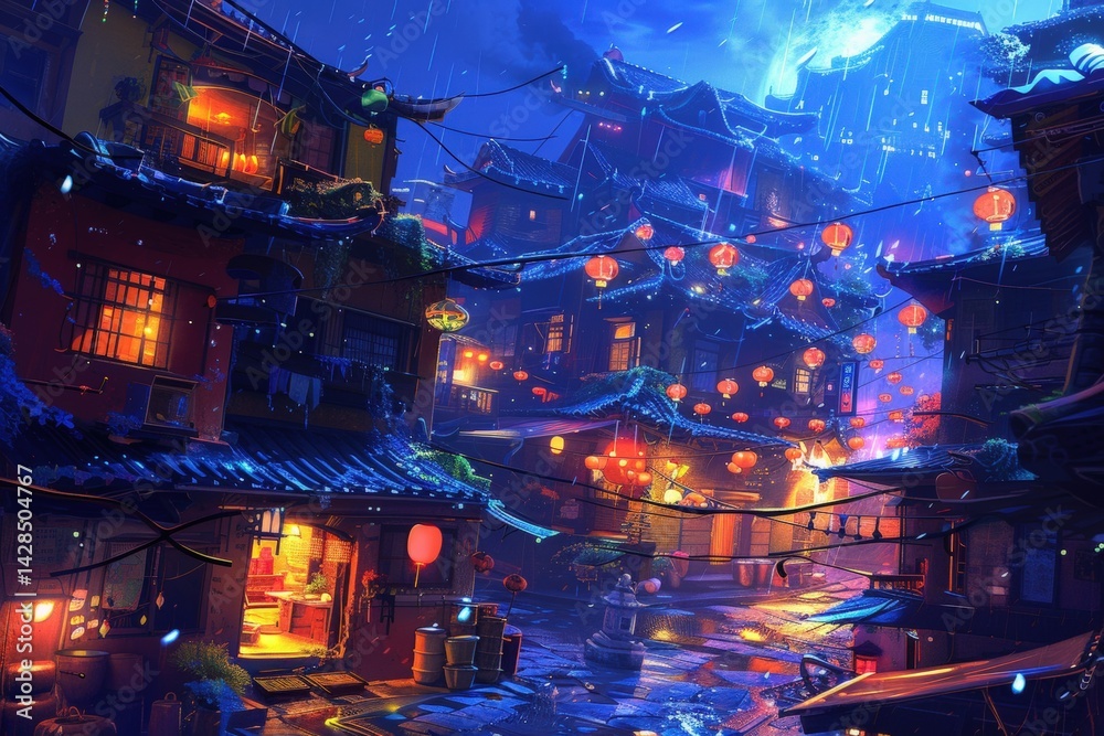 Obraz premium A vibrant, illuminated street scene featuring traditional architecture, colorful lanterns, and a moody atmosphere, evoking a sense of wonder and nostalgia.